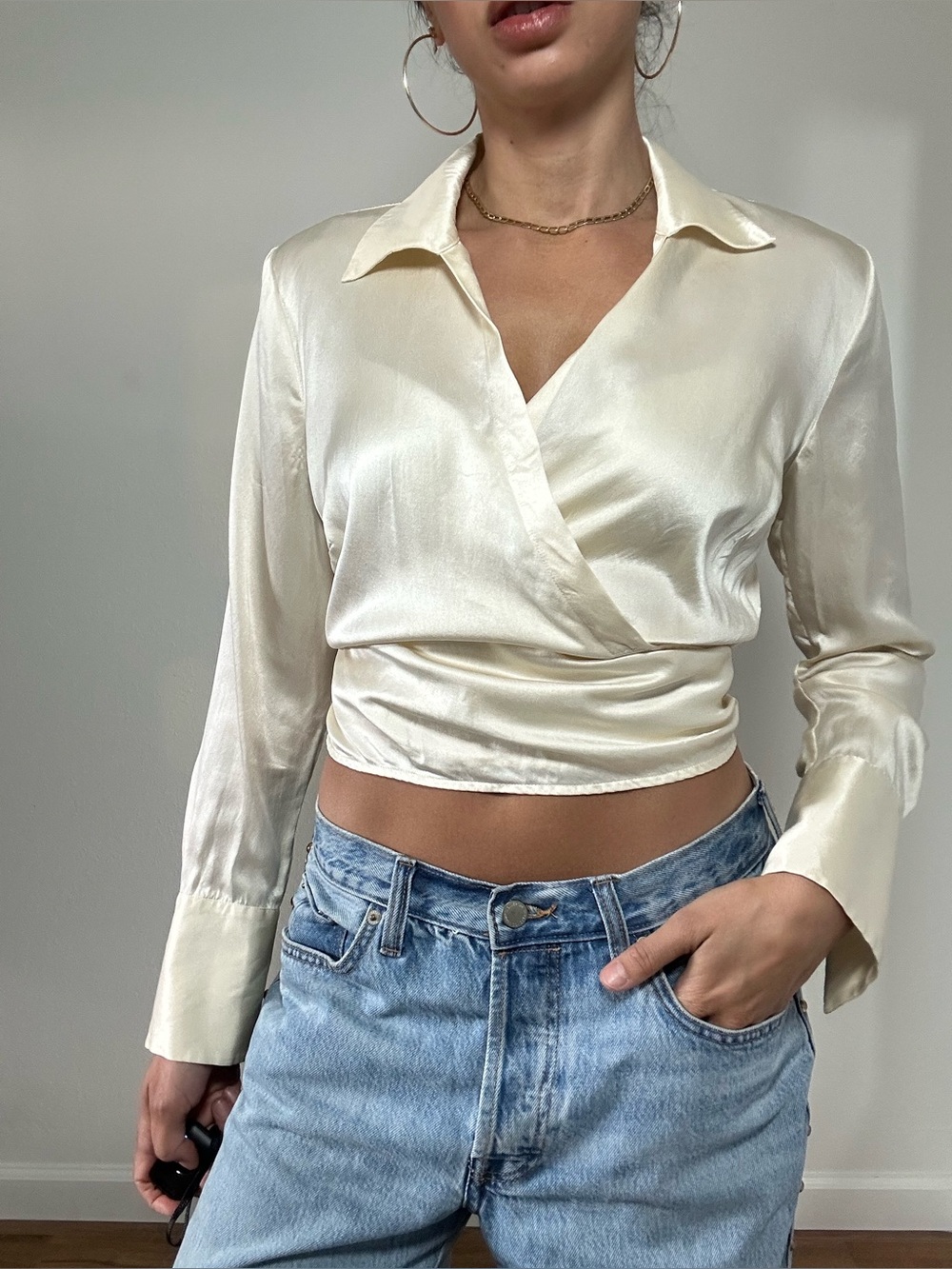 Vintage 90's 100% Silk Cream Satin Collared Wrap Shirt Blouse Size S